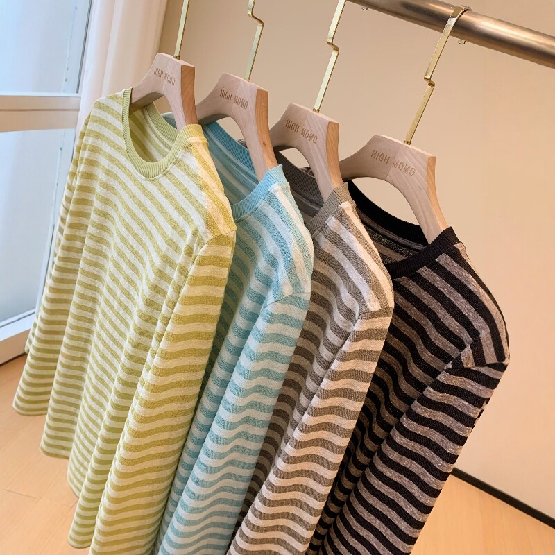 苣显白~26春夏新品宽松韩版范撞色条纹设计感圆领长袖T恤女打底衫