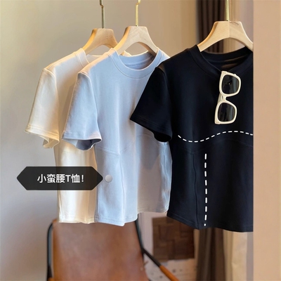 小蛮腰T恤！显瘦up！圆领波浪分割收腰短袖t恤女2025新款