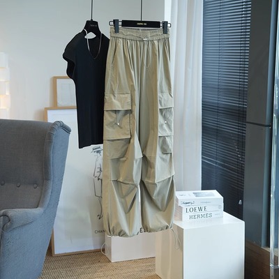 酷帅口袋工装休闲裤女高腰宽松显瘦阔腿裤直筒长裤束脚裤夏季873P