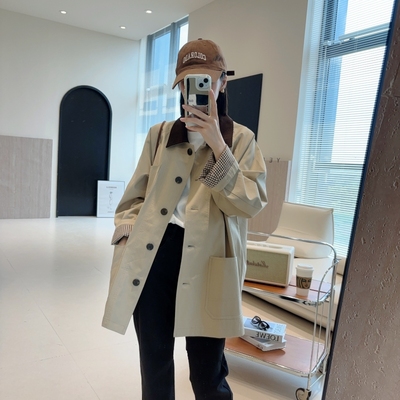 布拉格之秋全棉廓形小个子中长款风衣女撞色宽松卡其色外套
