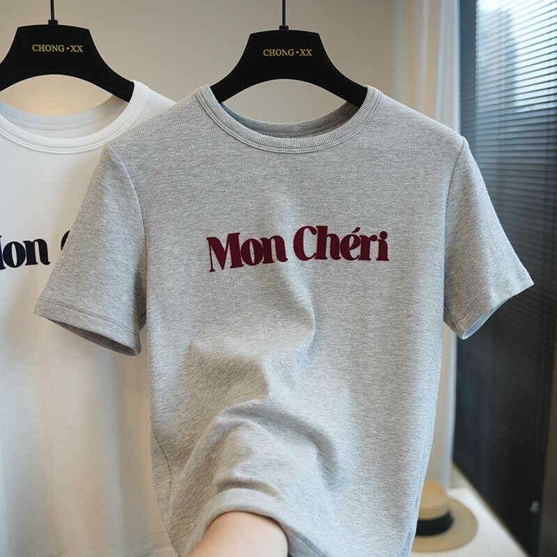 明星同款！2026春夏新款字母修身显瘦圆领正肩短袖T恤女上衣A103C