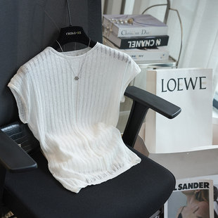 上衣春夏新款 虫小小 T恤女短袖 针织衫 A111F 亚麻棉坑条镂空小飞袖