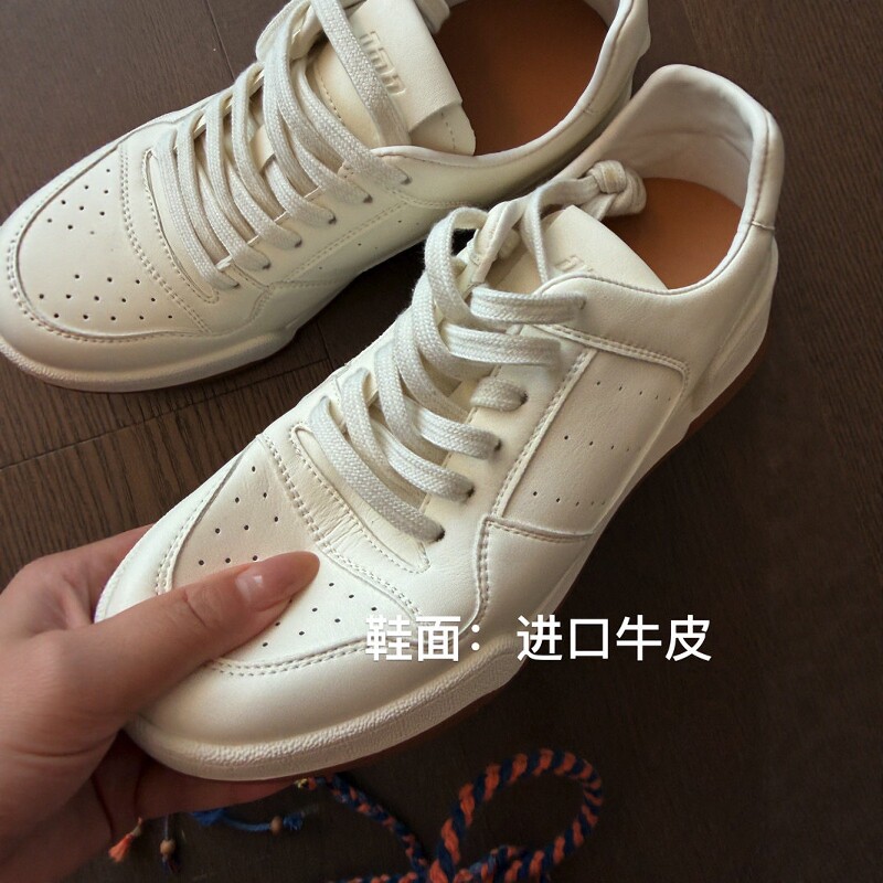 THEWOW2026秋季厚底柔软jin口小牛皮小白鞋女内增高系带板鞋圆头