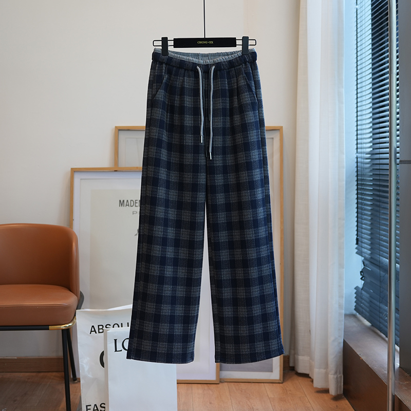虫小小 格纹抽绳高腰加厚加绒保暖直筒阔腿裤女休闲长裤秋冬A65P