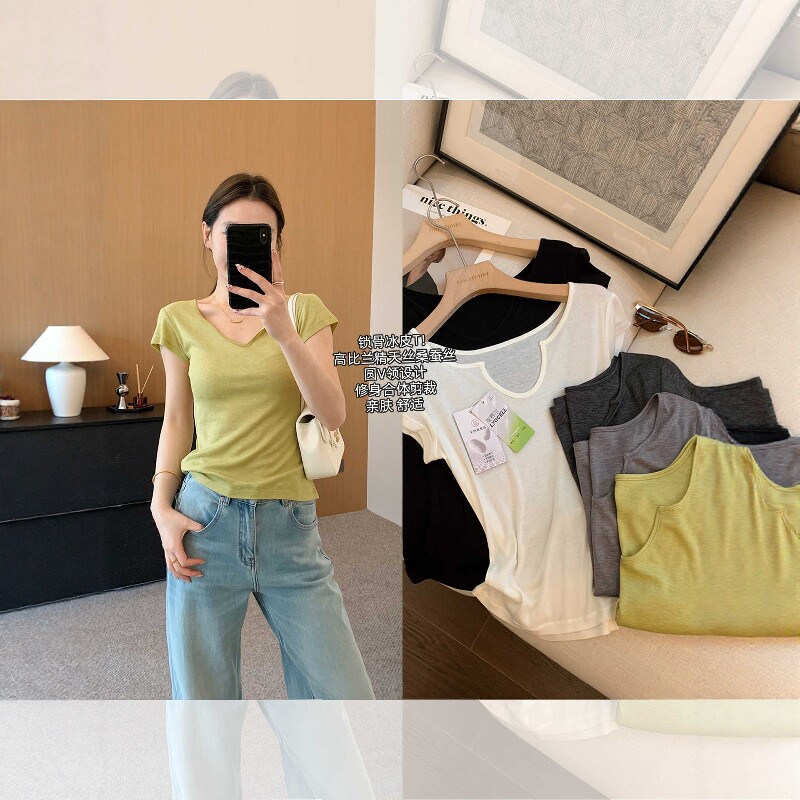 锁骨冰皮T!高比例兰精天丝桑蚕丝短袖夏季圆V领显瘦T恤女