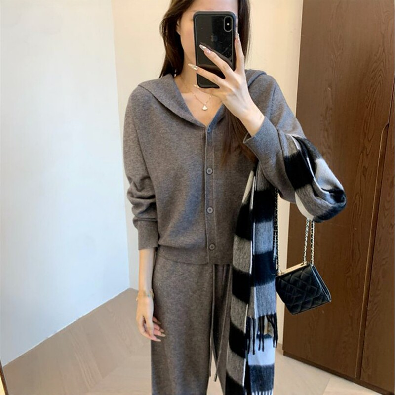松弛感懒人针织套装连帽开衫毛衣阔腿裤两件套女2024秋冬