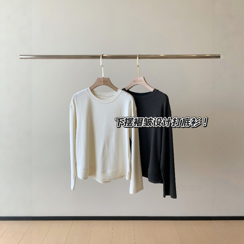 面料很舒适~宽松慵懒显瘦舒适下摆压褶磨毛长袖T恤女新款秋2026