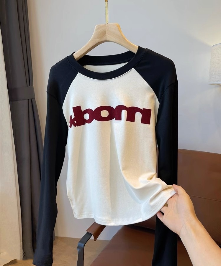 拼色！超亲肤植绒字母短款莫代尔T恤女正肩显瘦长袖打底衫秋季新