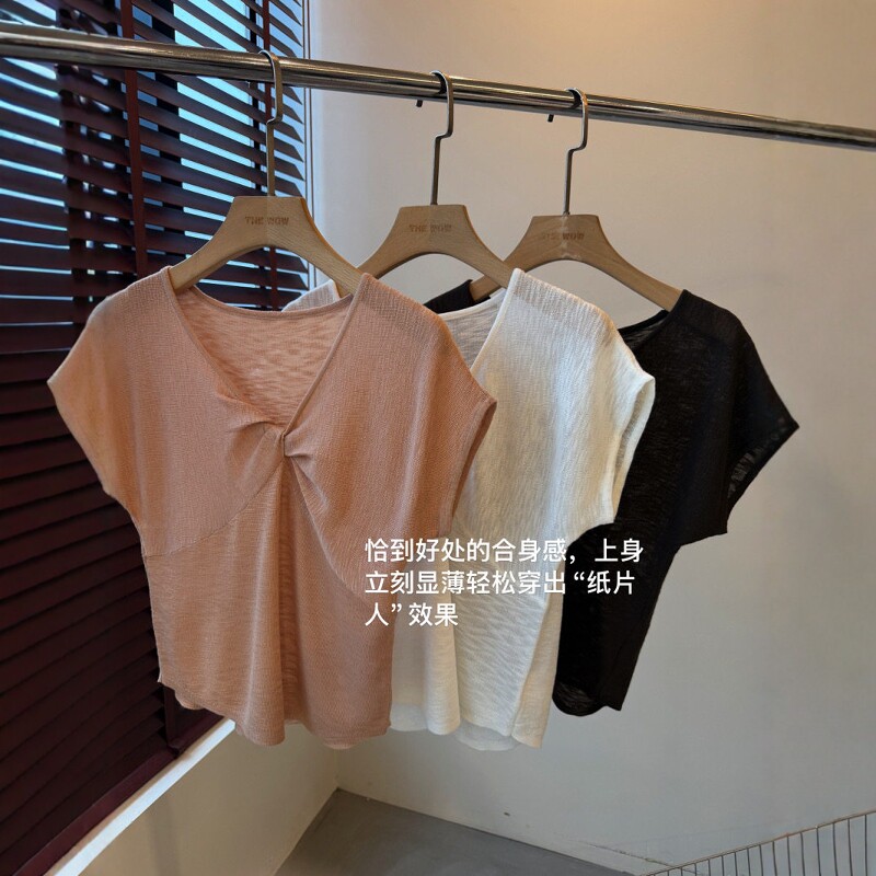 THEWOW怦然心动扭结V领飞飞袖针织衫女短袖修身显瘦小众上衣薄款