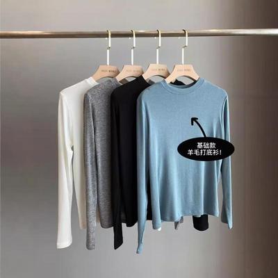 基础款~绵羊毛天丝极简纯色显瘦弹力大圆领百搭长袖T恤女秋冬新