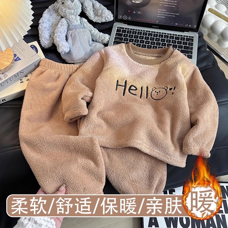 秋冬儿童睡衣套装加绒保暖内衣男女童加厚家居服宝宝长袖上衣衣服