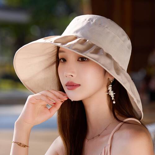 夏天帽子女款2026新款遮阳防晒帽大帽檐防紫外线蝴蝶结丝巾渔夫帽