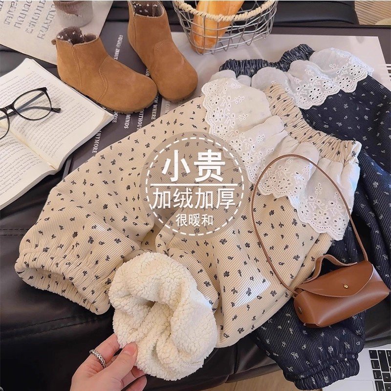 女童加绒J加厚裤子秋韩系洋气时髦时尚舒适碎花休闲裤百搭灯笼裤