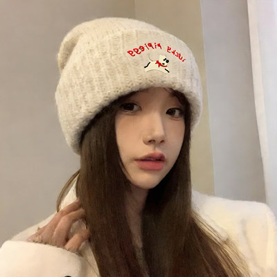可爱小狗刺绣针织毛线帽女2025年新款秋冬季显脸小百搭大头围帽子