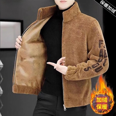 男士外套2025新款冬季羊剪绒颗粒绒卫衣皮毛一体羊羔绒男立领夹克
