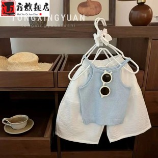 两件套3 女宝宝2025夏季 新款 舒适慵懒镂空针织套装 女1童吊带灯笼裤