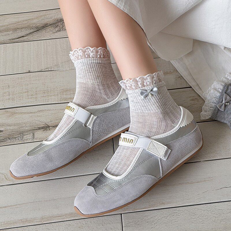 桑蚕丝袜子女夏季薄款芭蕾风中筒袜蕾丝花边蝴蝶结堆堆袜配小皮鞋