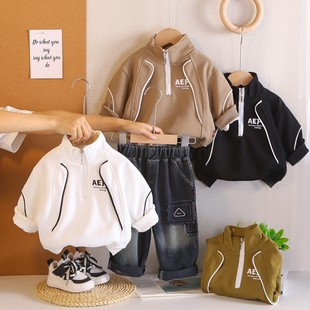 男童春装2026新款洋气两件套装宝宝春秋季休闲半拉链卫衣小童运动