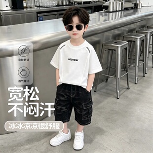 夏季儿童棉双纱休闲短袖T恤男女孩韩版百搭机能风运动上衣中大童