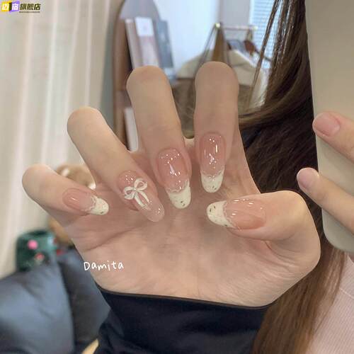 奶油碎花穿戴甲法式贴片温柔显白ins蝴蝶结可拆卸手工甲学生美甲