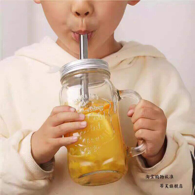 水果茶瓶子可重复使用奶茶杯玻璃杯子家用粗大吸管可吸珍珠儿童学