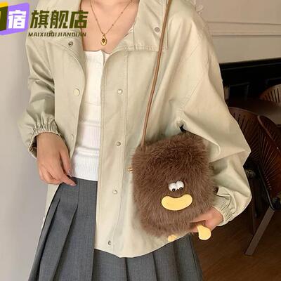新款毛绒斜挎包女可爱卡通手提百搭单肩斜挎包女生韩版卡通手机包