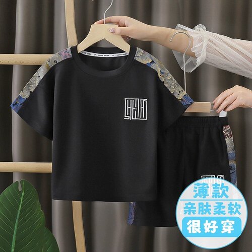 儿童夏季新款国风刺绣拼接套装男女童透气短袖短裤两件套宝宝百搭