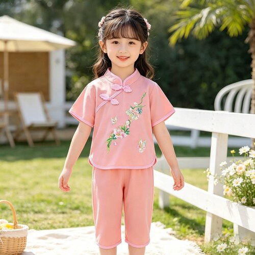 2026年夏季女童国风套装国风棉绸空调服短袖刺绣汉服家居服外穿新