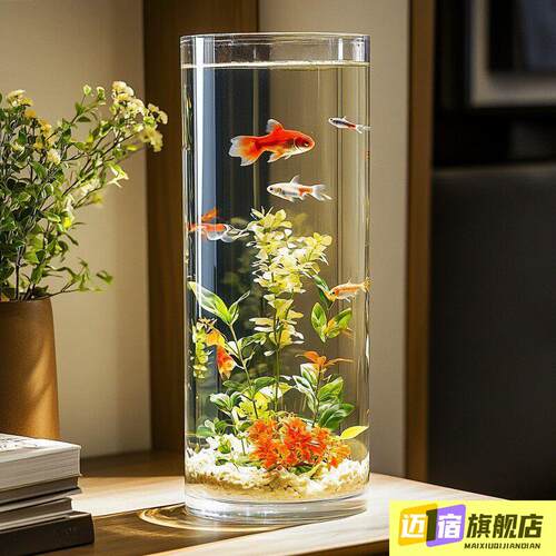 加厚玻璃鱼缸办公室透明小型金家用造景圆形客厅办公桌迷你乌龟缸