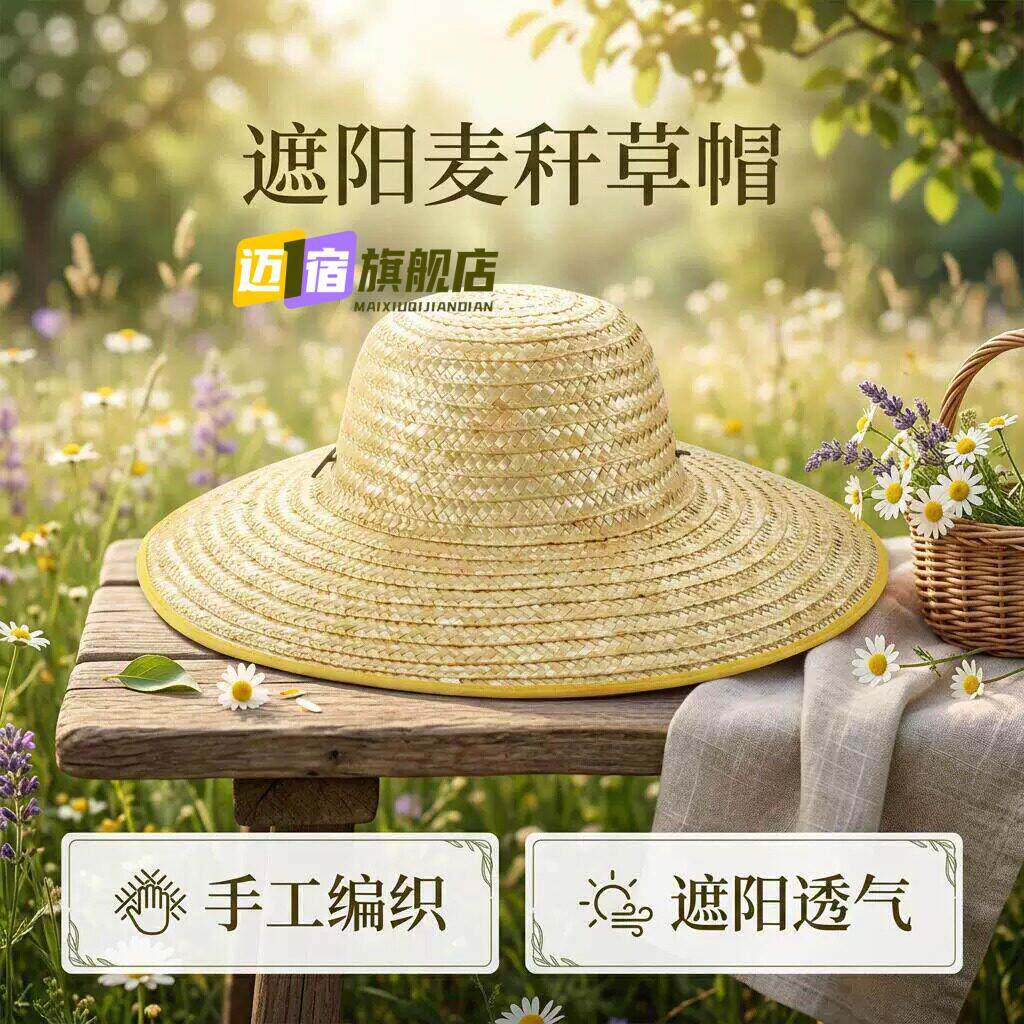 大帽簷麦秆草帽夏季农民草帽手工草编遮阳防嗮男女农村农用钓鱼