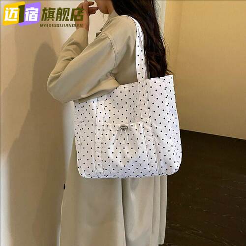 韩系波点帆布手提包包女式小众甜美裙摆单肩布包通勤大容量托特包