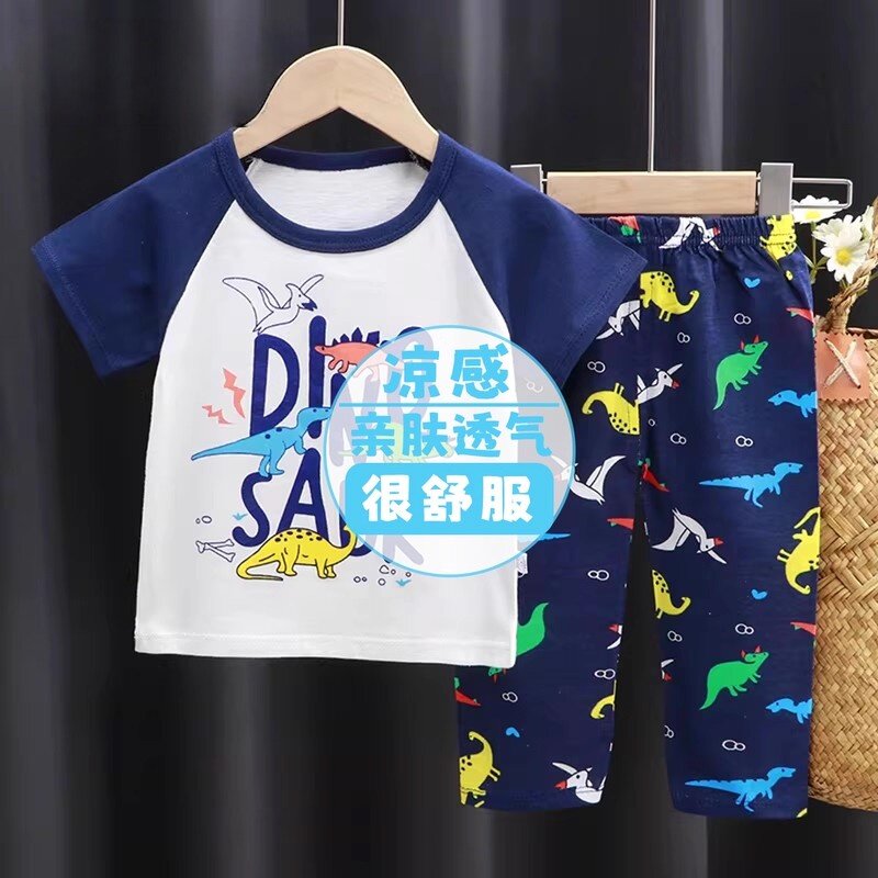 中大童棉内衣套装男女童短袖t恤纯儿童装夏款空调服短袖长裤睡衣
