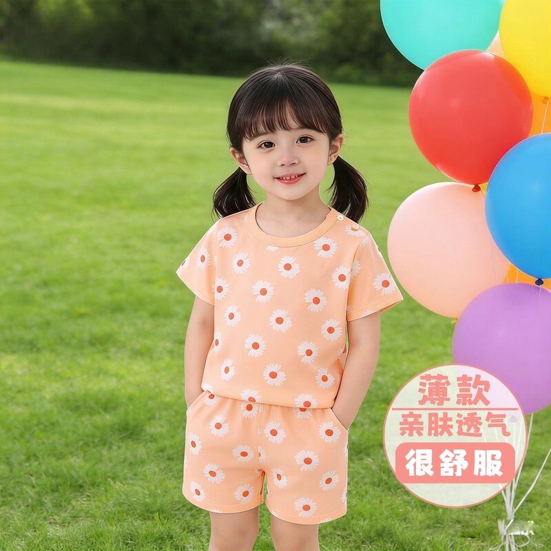 棉内衣男童女童圆领T恤衫纯儿童短袖短裤套装中小童夏季宝宝