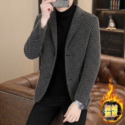 秋冬新款西装毛呢大衣男士短款呢子外套加绒加厚保暖西服上衣男款