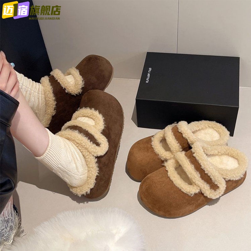 复古加绒保暖防滑勃肯鞋女冬季新款外穿增高耐磨毛毛鞋包头棉拖鞋
