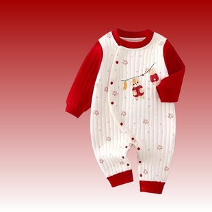 婧麒婴儿连体衣保暖秋冬款 新生儿宝宝衣服哈衣加厚爬爬服 夹棉冬装