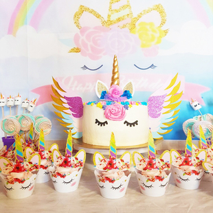 纸杯小蛋糕装饰围边插牌 独角兽Unicorn烘焙纸杯儿童生日派对布置