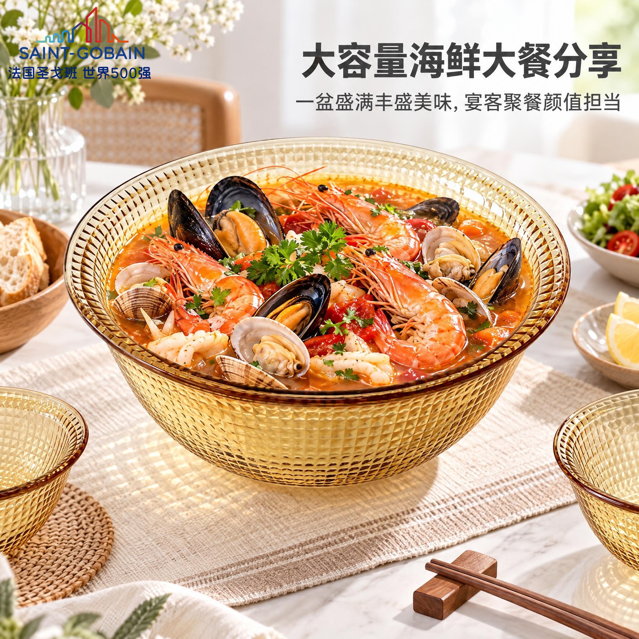 法国圣戈班玻璃大汤碗耐高温微波炉专用大号热菜汤盆食品级大容量
