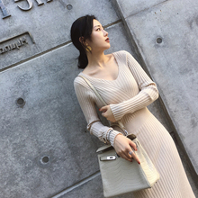 2019秋装新款针织连衣裙女中长款毛衣裙打底裙过膝包臀长裙春秋