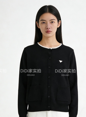 实拍品质黑色撞白边针织毛衣开衫