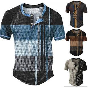 Button Henry Short T-shirt Mens Casual Loose Shirt T-shirt