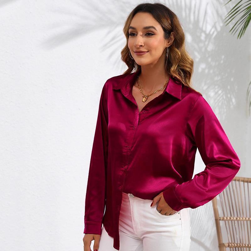 Womens solid color satin satin long sleeve shirt