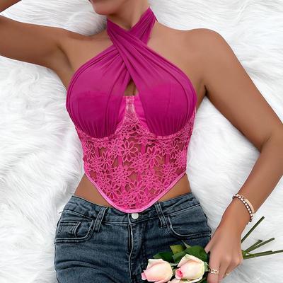 lace sheer corss halter sexy bodysuits embroidery skinny