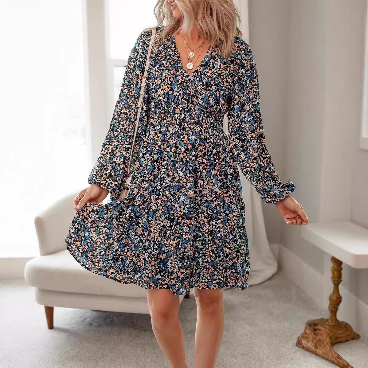 Bohemian floral collar long sleeve gathered elastic waist