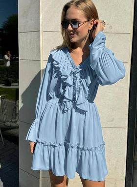 women for dress white ruffled sleeve trumpet pleated V-neck