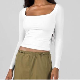 women square neck long tops ribbed knit crop slim fitted