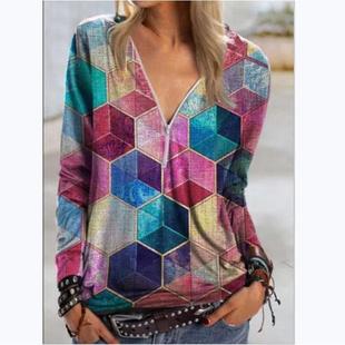 Geometric Cube Womens Zipper Fashion neck Shirt Street