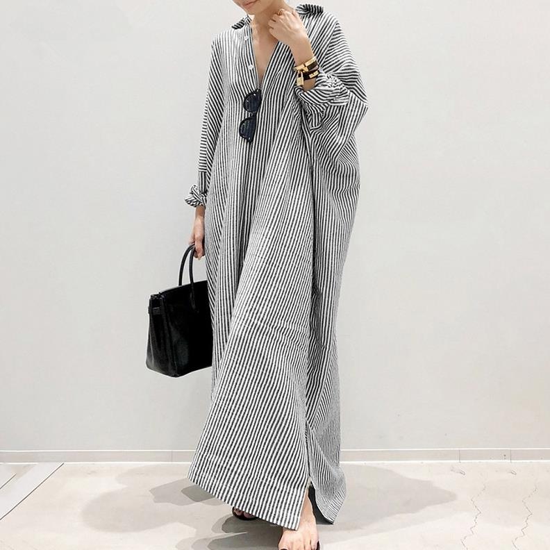 long long Lapel striped dress loose temperament collar POLO