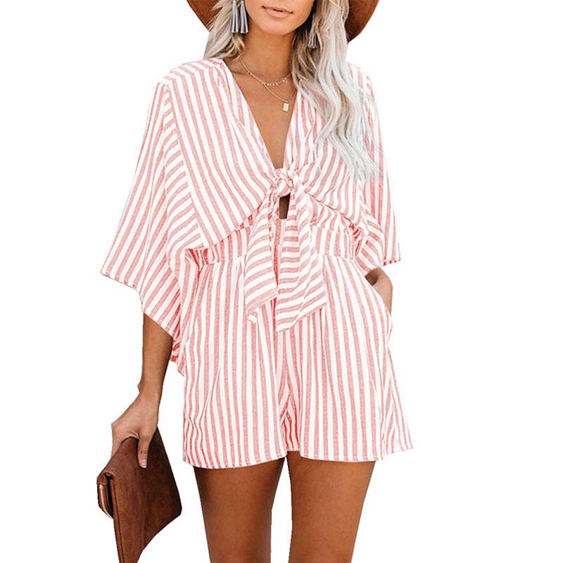 with slim waist jumpsuit V sleeves striped Womens deep