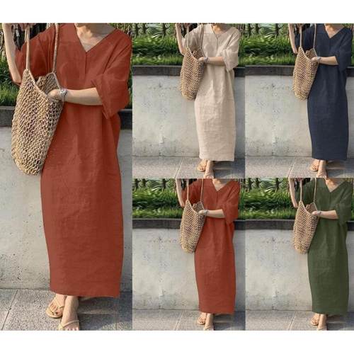 Plus Size Womens Cotton and Linen V-Neck Short Sleeve Dress